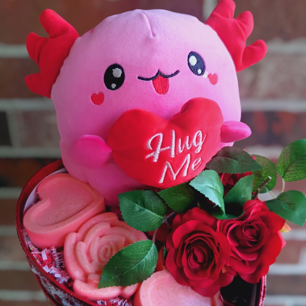 Cute Pink Plush Heart with Red Roses